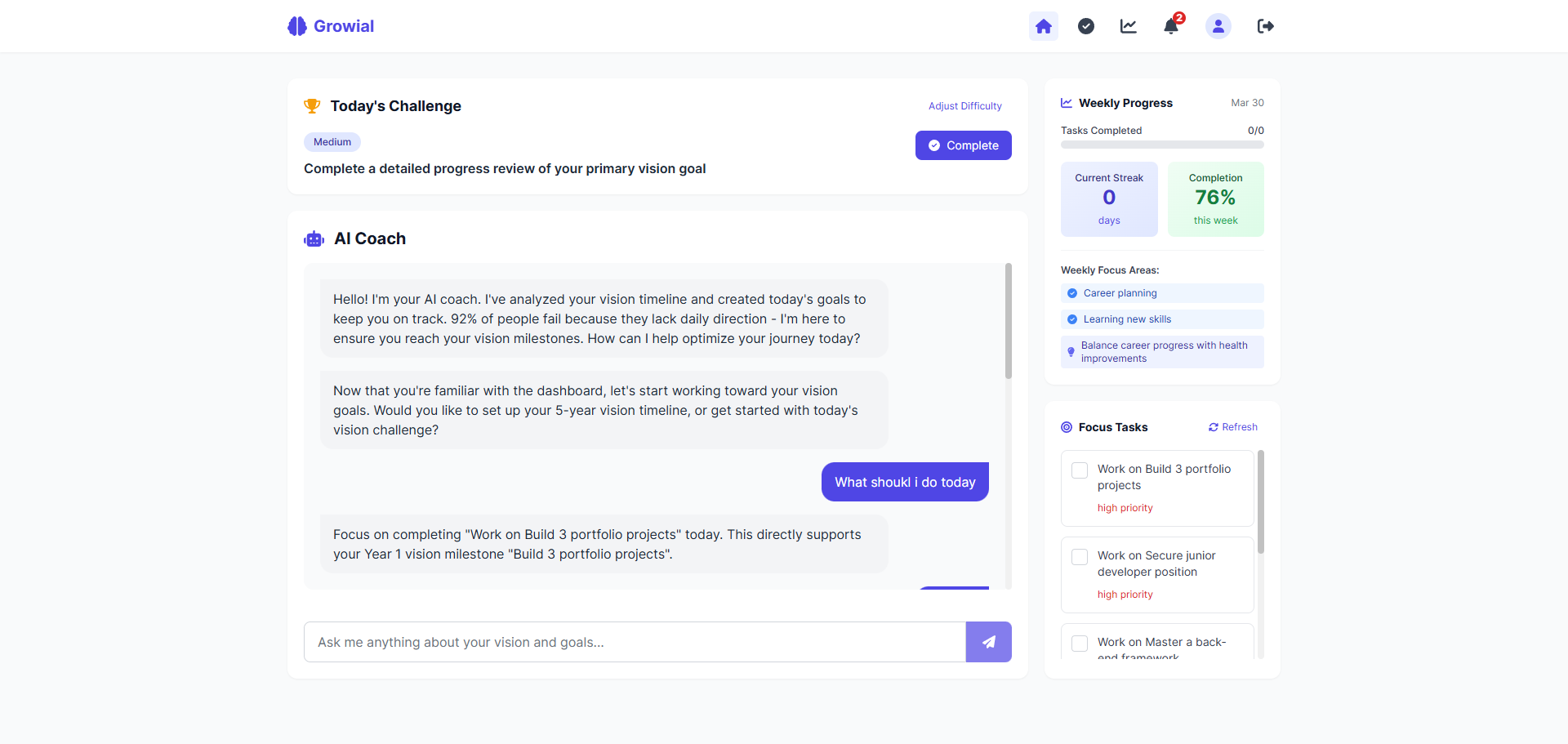 Growial's AI-powered vision dashboard showing personalized actionable tasks and progress tracking